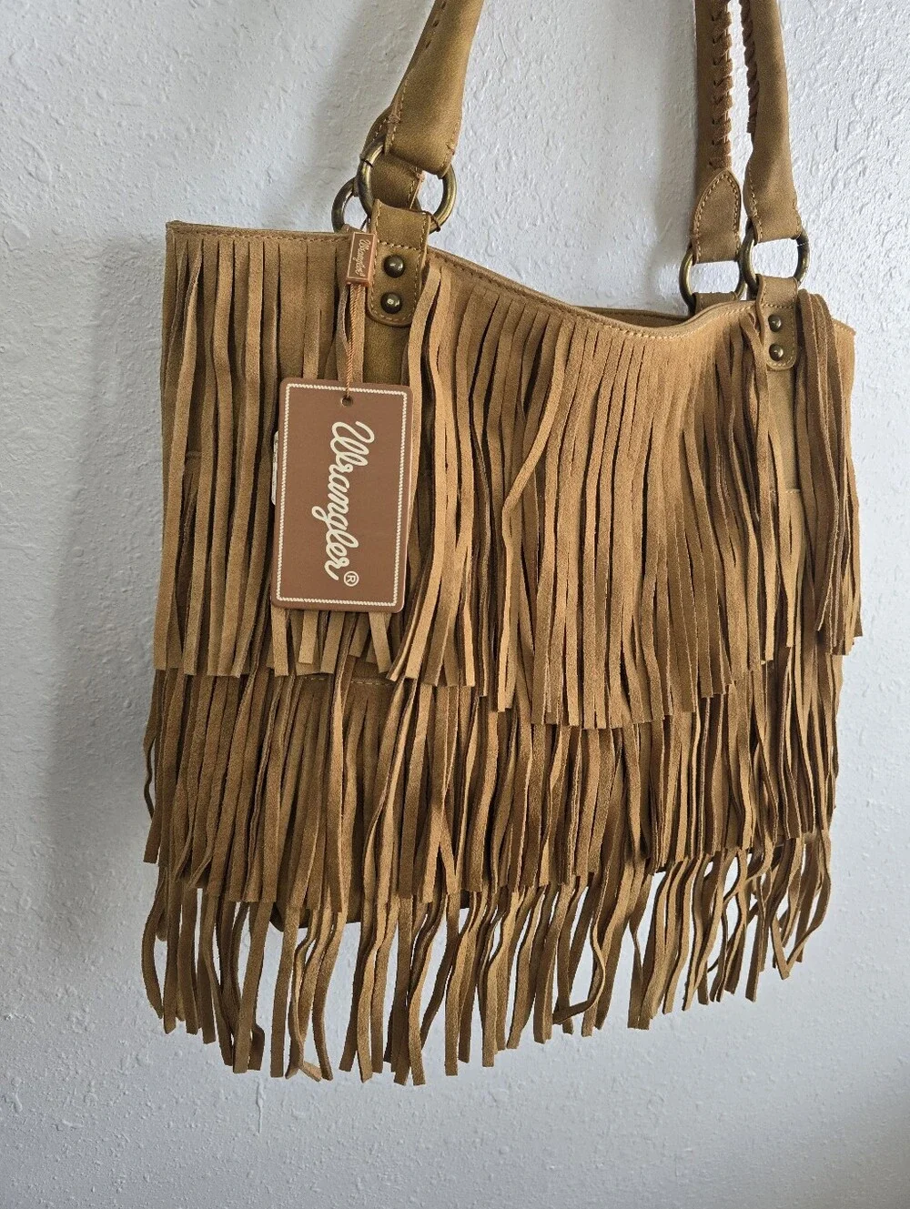 NWT Wrangler Tan Fringe Western Boho Shoulder Tote Bag Whipstitch Purse